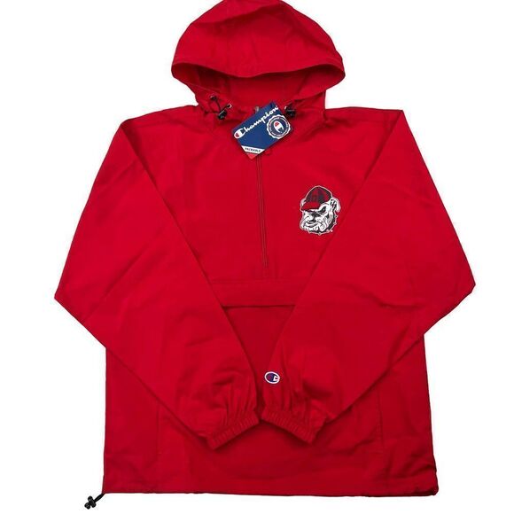 New Champion Men US S Red Jacket Windbreaker Anorak Hood Sport Casual Bulldog  - Picture 1 of 13